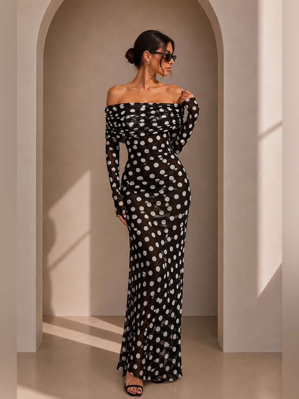 Commense Black One-Shoulder Polka Dot Maxi Dress